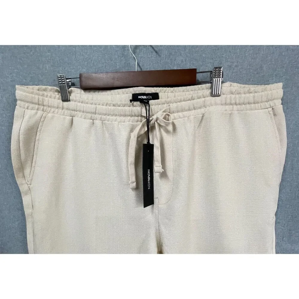 NOVAMEN Men's Cream Textured Drawstring Pants XXL Elastic Waist NWT 33 Inseam